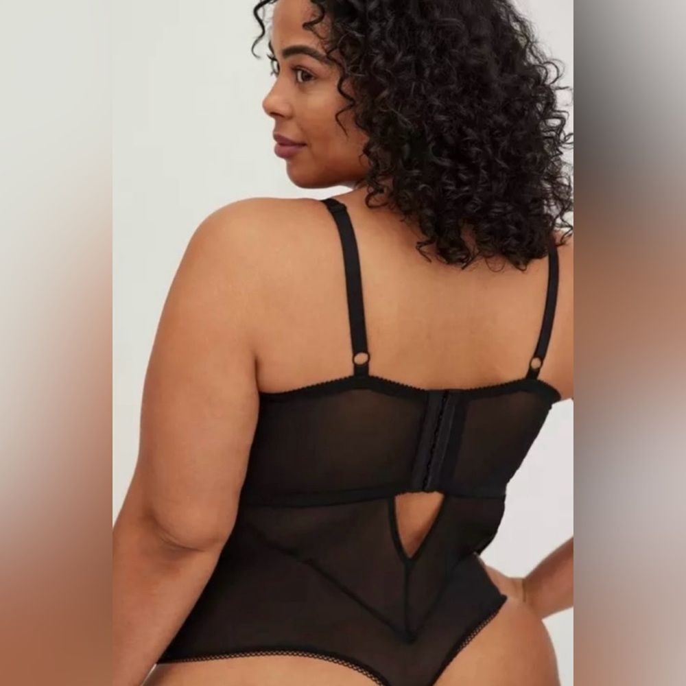 Torrid Black Sexy Lace Mesh Panel One Piece Tummy Control Bodysuit - Picture 3 of 7